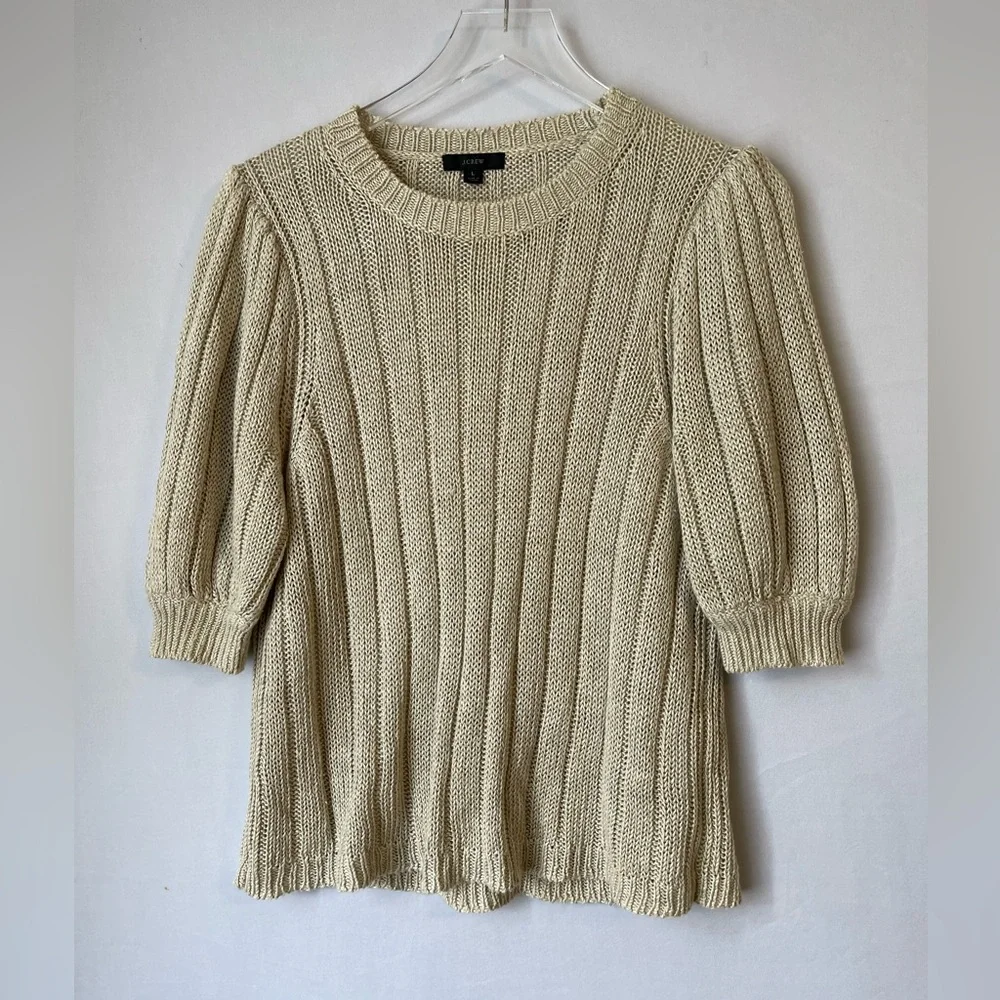 J.Crew Linen Ribbed Short Puff Sleeve Knit Sweater Top L